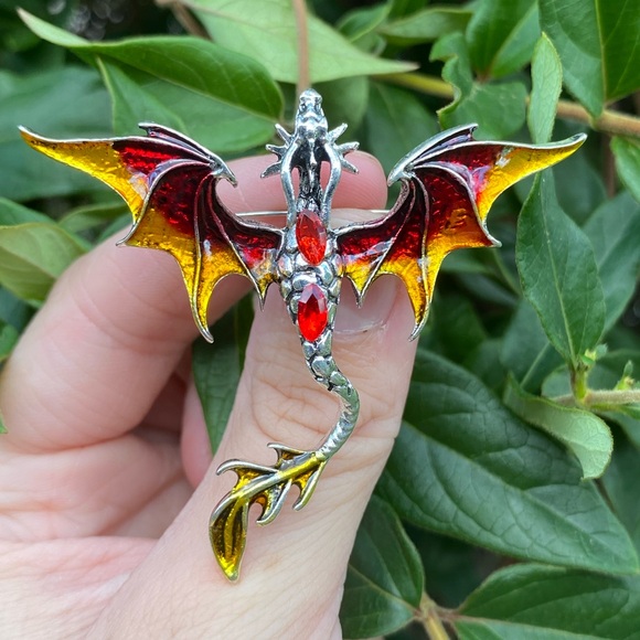 Vintage Inspired Renaissance Red, Yellow & Silver Dragon Brooch - Picture 1 of 4